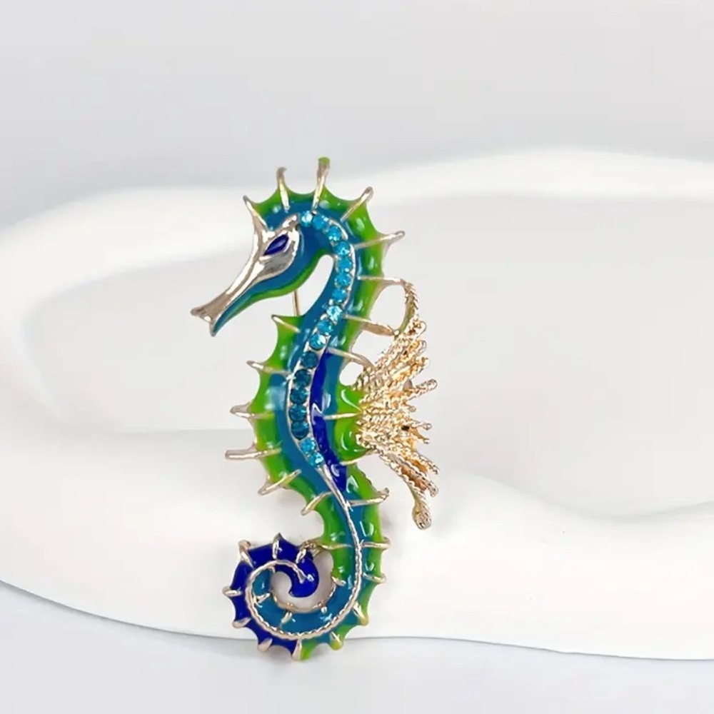 NWOT - Vibrant Enamel Seahorse Brooch with Rhinestones and Gold-tone Details